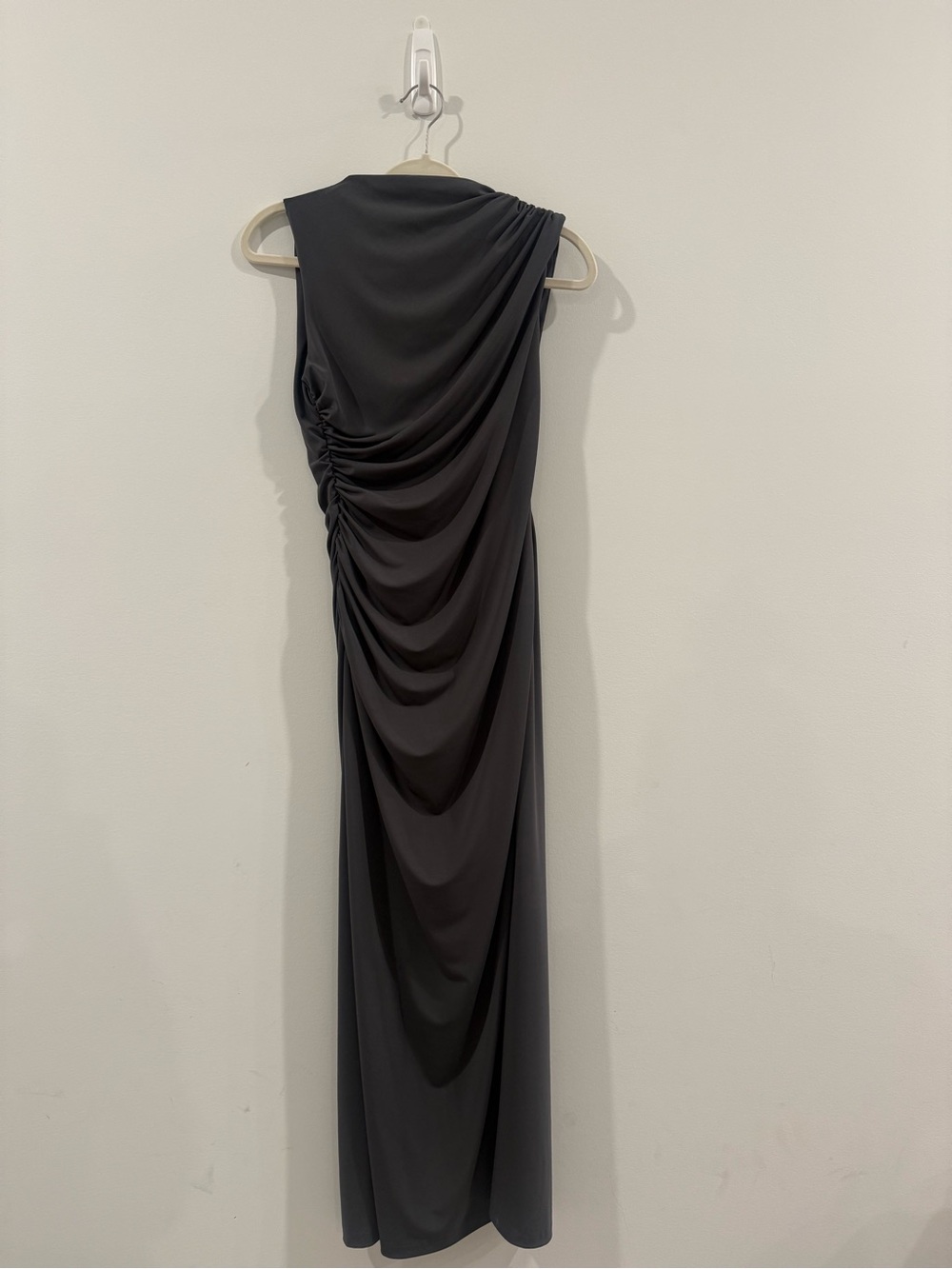 Zara Black One-Shoulder Ruched Gown Charcoal Gray